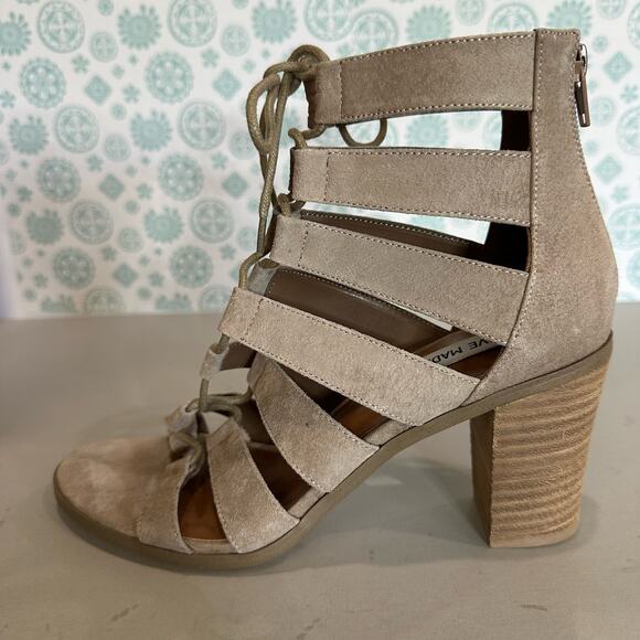 Steve Madden Womens 7.5M Dayyna Chunky Heels Sandals Tan Caged Strappy Tie Zip - Picture 3 of 9